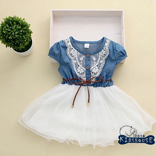 2018 Fashion Baby Girls Party Lace Flower Tulle Denim Dress