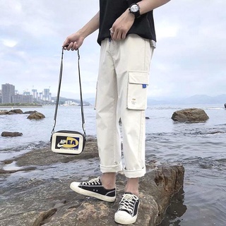 Summer New Ankle Length Cargo Pants Men Fashion Brands Straight Loose Pants Hong Kong Style Korean Style Trendy All-Matching Casual Pants