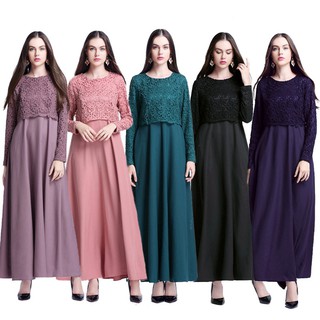 Fashion Women Muslim Wear Long Sleeve Maxi Dress Clothing Robe Lace Dresses