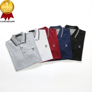 Men Polo Shirt L_V Pattern Short Sleeve Polo Shirt Cotton Casual Shirt With Plaid Collar