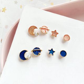 [AOTUO COD] Fashion Cute Set Earth Moon Pentagram Ear Stud Earrings Student Ear Clip Girl