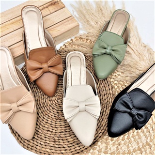 R&A675 Pointed Plain Leather Mules with Ribbon (Narrow Fit)