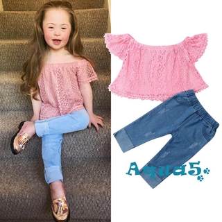 AQQ-Fashion Kids Toddler Baby Girl Off Shoulder Tops+Jeans Pants Outfit 2PCS Clothes