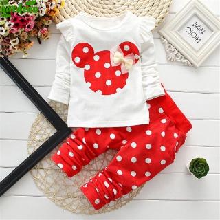 2Pcs Outfit Baby Girl Minnie Mouse Bowknot Polka Dot Long Sleeve +Pants Child Clothes Kids