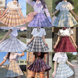 Student Lattice Pleated Skirt Suit Women Shirt Skirt Set Bow Jk Uniform Dress Sailor Suit College Style