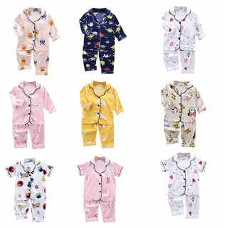 Ready Stock,Cartoon Print Kids Terno Pajama Set, Fit 1-6 Years Girls Boys Short Sleeve Blouse+Shorts 2PCS/Set,Silk Pajamas Sleepwear