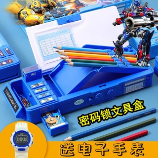Watches Boxes Primary School Stationery Box Boy Transformer Password Lock Pencil Case Large Capacit0