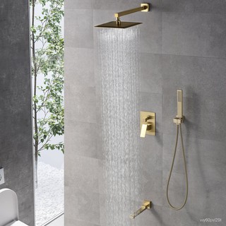 Bathroom Wall Mounted Shower Faucet Brass Diverter Mixer Tap Set Brushed Gold Rainfall Valve System