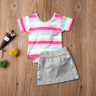 ✿KIDSUP✿2pcs Kids Baby Girls Clothes Stripe T-Shirt Tops + Mini Dress Skirt Outfits Set (5)