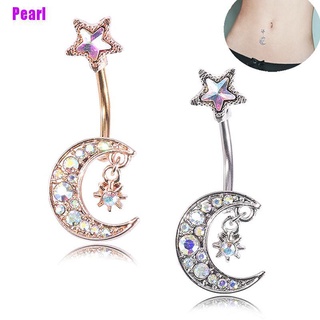 [Pearl] Navel Belly Button Rings Bar Crystal Moon Star Dangle Body Jewelry