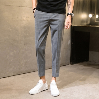 Korean Slim Fit Trousers For Men Casual Checkered Pants Business Suit Pants Slacks Office Dress Mens Straight Formal Pants Men Fashion Male Apparel