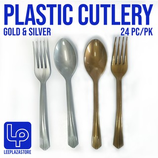 24-pcs Disposable Plastic Spoon & Fork (Silver & Gold) 7.5 Inches (1)