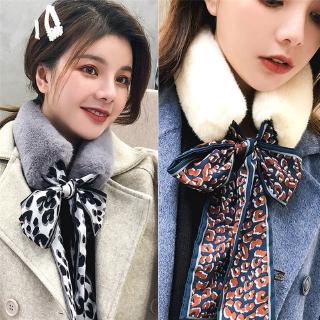Korean Fashion Soft Faux Rabbit Fur Collar Scarf Plush Silk Leopard Warm Winter Shawl Wrap Scarves