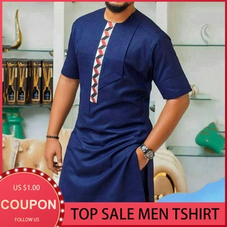 Loose Short Sleeve Color Block Dashiki Man Tee Rich Bazin African Men's Long T-Shirt Casual Tshirt