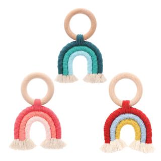 Rainbow Tassel Macrame Wooden Boho Baby Teether Cotton Cord Wood Teething Toy Shower Gift