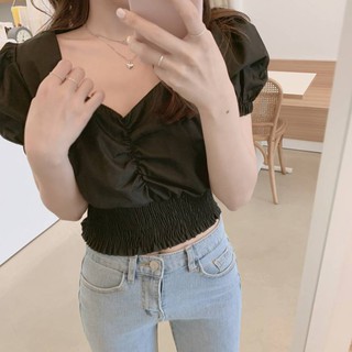 Women's Retro Square Neck Puff Sleeve Pleated Crop Top (9)