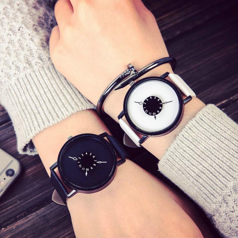 Couple Watch Black&White New Belt Quartz Watch Turntable Personality Simple Watches