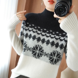 Women's Sweater Autumn Winter Half High Neck Jacquard Knitted Wool Korean Version Loose