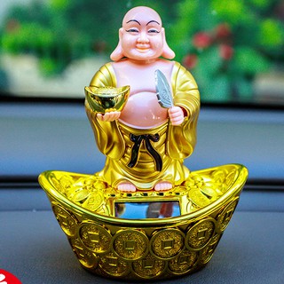 Lucky Charm Buddha Solar Energy Laughing Buddha w/ Money Bar Hand and head swing