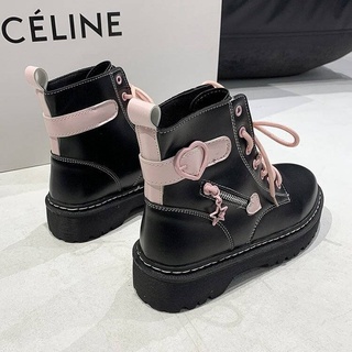 Spot Preppy Style Dr. Martens Boots2021Spring and Autumn Girl Lovely Heart-Shaped round Head Front Lace-up Flat All-Match Short Women (2)