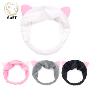 austfs_Lovely Cartoon Cat Ears Headband Women Makeup Face Washing Elastic Hair Band
