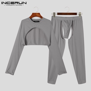INCERUN Mens Sexy Hollow Out Long Sleeve Crop Top+Long Pant Two Pieces Pajama Set (6)