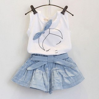Baby Girls Summer Printed Vest + Skirt Shape Plaid Pants (1)