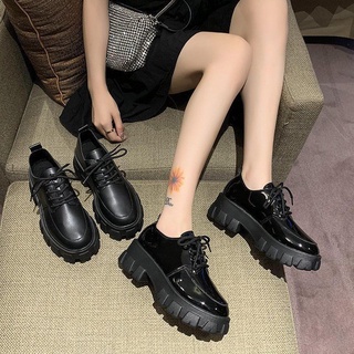 ✢Platform British Style 2021 New Korean Version Of The Round Toe Lace-up Patent Leather Shoes