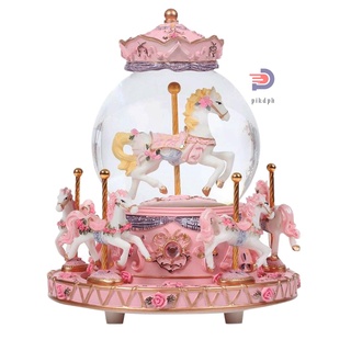 Carousel Horse Music Box Snow Globes Color Change LED Light Luminous Unicorn Music Boxes Best Birthday Gift for Kids Girls Pink