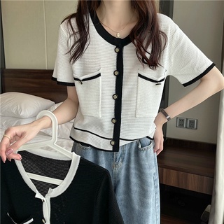 Summer new short Korean temperament small fragrance contrast round neck short sleeve button knitted cardigan blouse