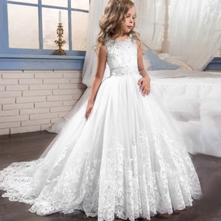 Girl Children Wedding Dress white First Communion Formal long Lace Princess Prom Dress Party for Gir