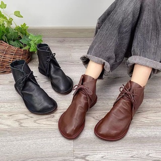 [Single/Add Velvet] Short Boots Women Martin Shoes Women's Autumn Winter Soft-Soled Lace-Up Genuine Leather Retro Round Toe All-Match Casual