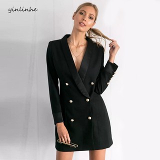 suityinlinhe Elegant double breasted long women coat black 2018 Autumn winter coat formal office lad