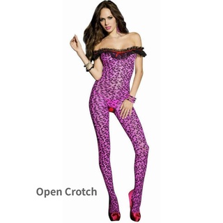 Leopard Print Open Crotch Jumpsuit Sexi Women Lace Sexy Lingerie Mesh Female Bodysuit Erotic Underwe