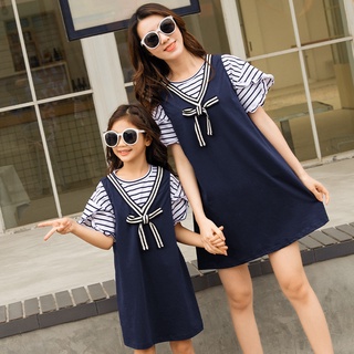 ▧✗Parent-child wear summer 21 new striped short-sleeved T-shirt family mother and daughter skirt sum