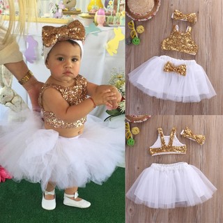 Toddler Baby Girl Sequins Tops+Tutu Skirts Headband 3pcs
