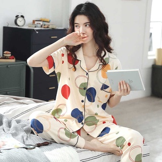 ☢❀Summer pajamas ladies cotton short-sleeved trousers two-piece thin women s half-sleeved home servi