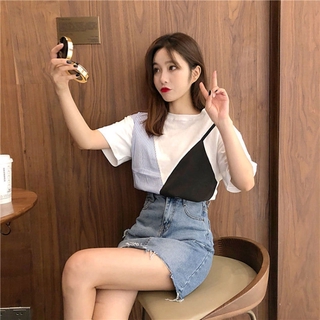 Korean Short-sleeved T-shirt Fake Two-piece Splicing All-match Stripe Round Neck Casual Women Tops