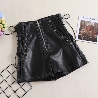 Europe and the United States Autumn New Black Versatile Bandage Leather Pants Simple Leisure High Waist A-line Short Women's Ins Wide Leg Pants (1)