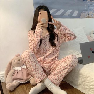 Pink Leopard Print pajamas women's style long sleeved two-piece set lovely and comfortable home clothes set in stock (3)