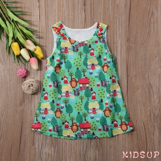 KIDSUP-Baby Girls Summer Sundress, Cartoon Print O-Neck Sleeveless Lined Dress
