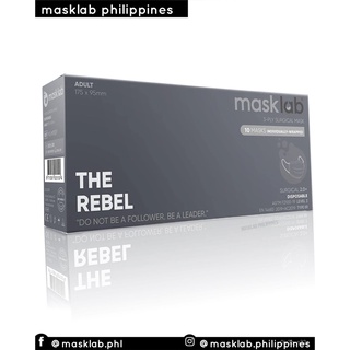 masklab : THE REBEL ( GREY ) : ADULT 3-PLY SURGlCAL MASK 2.0 ( BOX OF 10PCS , INDIVIDUALLY-WRAPPED0