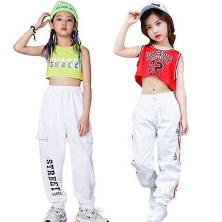 Ready Stock Kids Girls Crop Tops White Jogger Pants Set Hip Hop Street Dance Clothes Teens Modern Jazz Dance Outfit Children Tracksuit