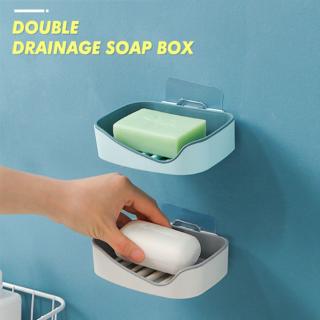 Double Layer Wall-mounted Punch-free Plastic Soap Box Dish /Bathroom Soap Hanging Holder Tray/Kitchen Self Adhesive Sponge Drain Racks Shelf