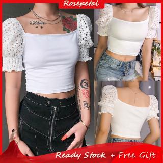 Women's Square Neck Hollow Out Short Puff Sleeve Crop Top