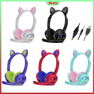 Xbote Wired Headphone Cute Cat Ear headphone gaming Universal 3.5mm Foldable Headphones Luminous RGB Light Wired Headset Headphones with Mic
