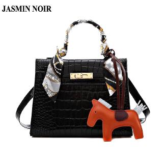 Jasmin Noir Patent Leather Crocodile Print Women Handbag Scarf Luxury Lock Sling Bag - 3 Sizes