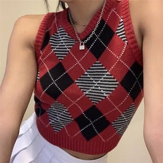 ✔WEANIA Women College Style Plaid Cotton Knitted Vest Elastic V-neck Sweater Crop