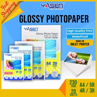 Glossy Photo Paper A4 | 5R | 4R | 3R (230GSM) 20 Sheets High Glossy Inkjet Photo Paper | Yasen Brand