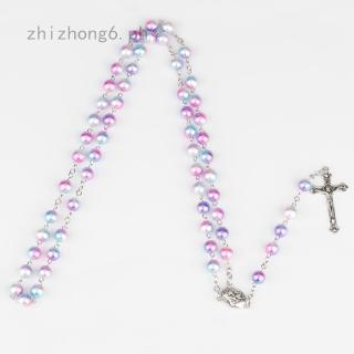 Colorful Bead Glass Pearl Catholic Christian Cross Catholic Rosary Necklace Prayer Religious Jewelry